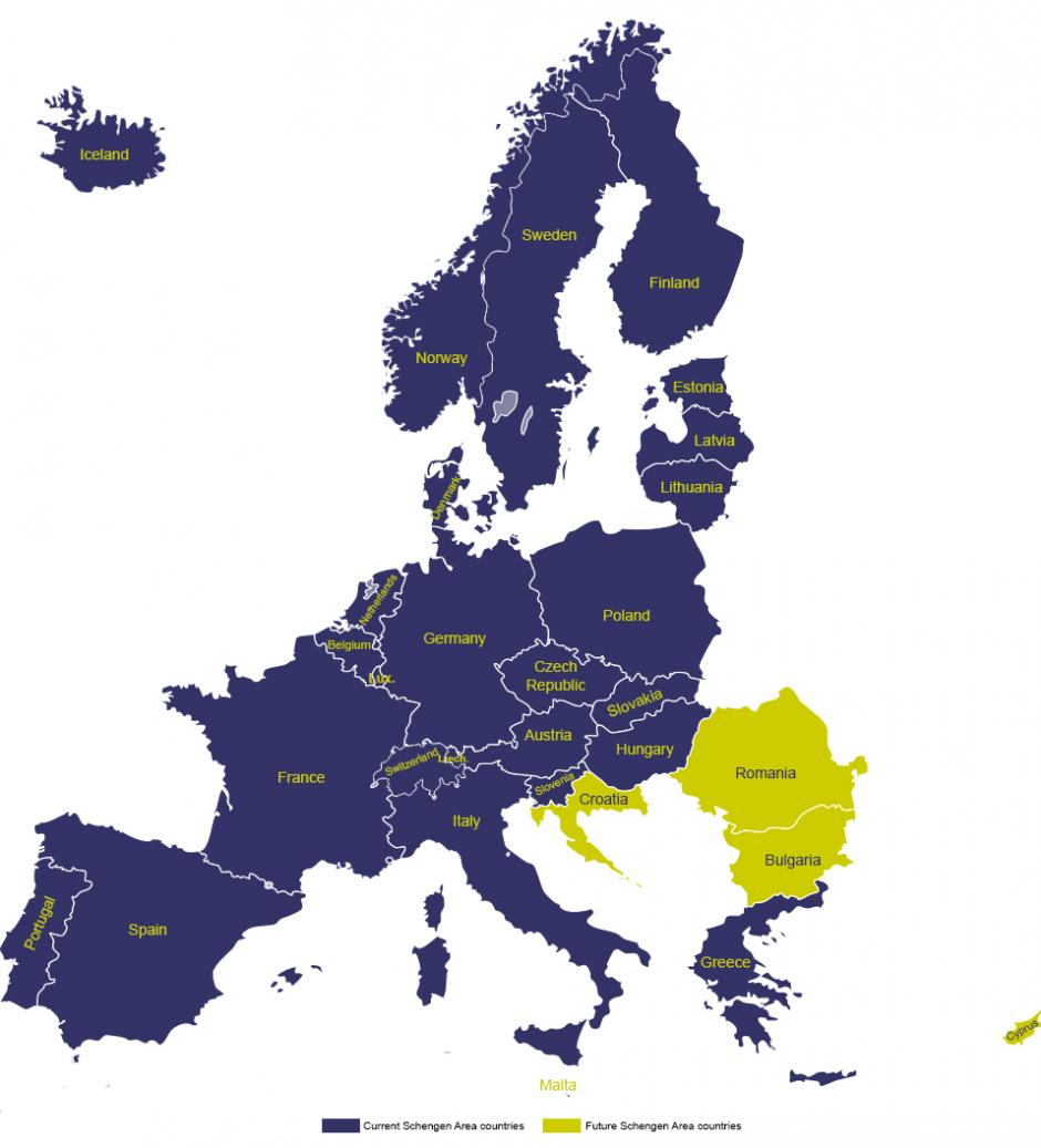 Map showing current and future members of the Schengen Area, where Ukrainian citizens will be able to travel visa-free for touristic and business purposes